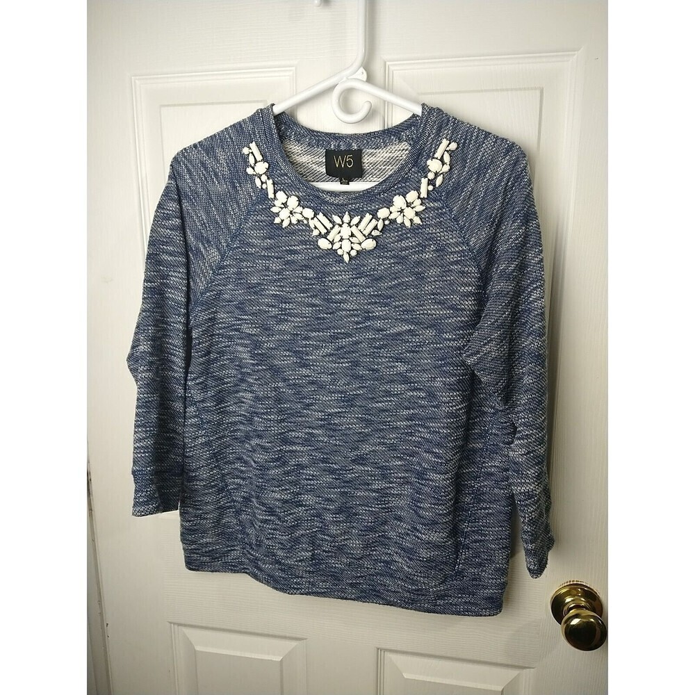 W5 Women's Long Sleeve Denim Wash White Gemstone Sweatshirt. Size L